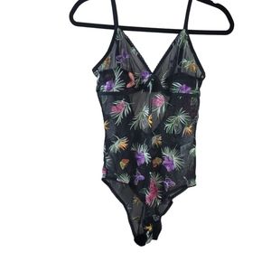 Inc International Concepts Black Floral Embroidered Mesh Bodysuit S